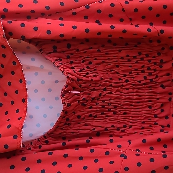 Red and Black Polka Dot Halter Midi  Sweetheart Pinup Dress with smocking - Picture 9 of 12